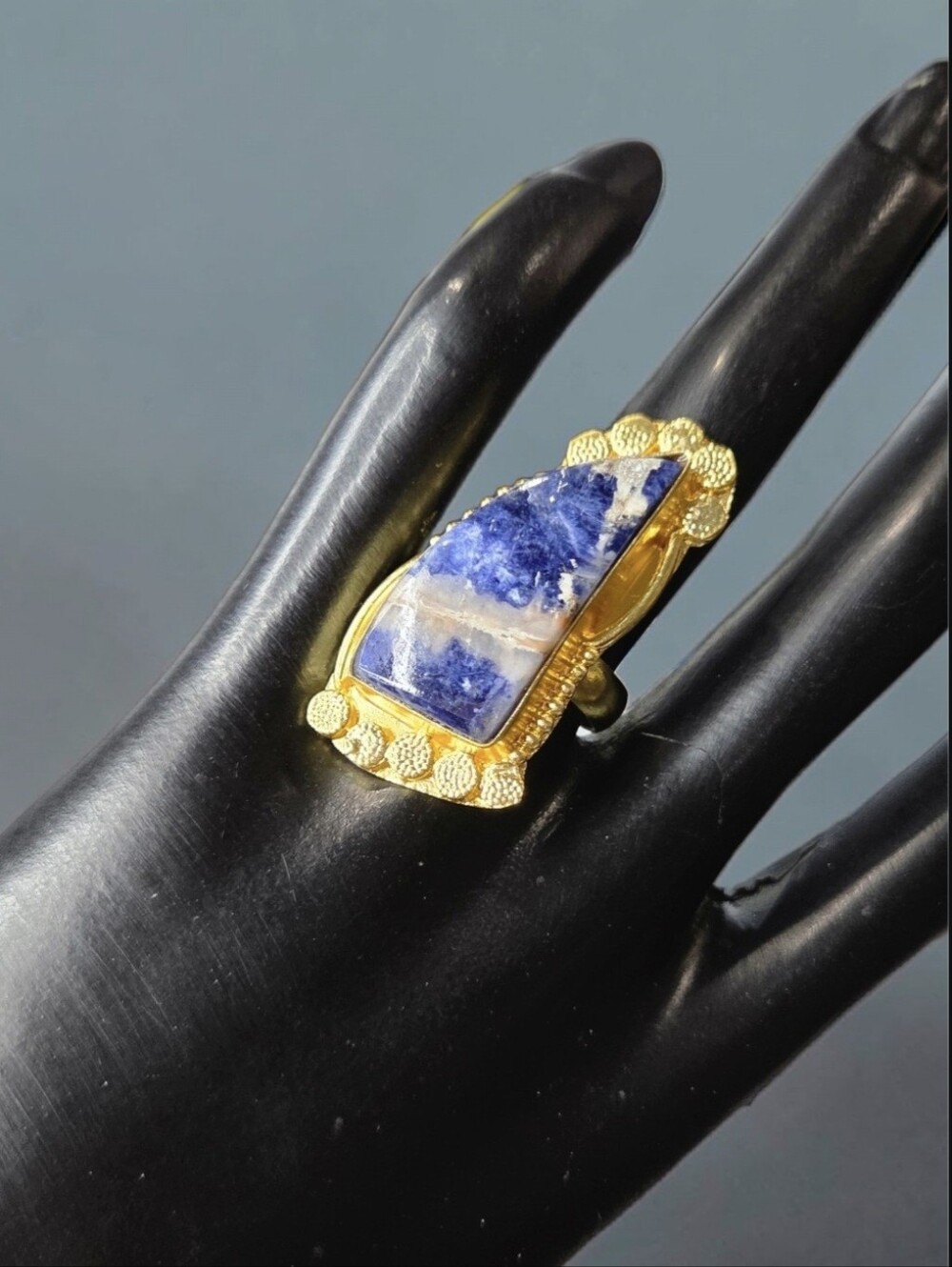 Oversized 18k Gold Plated Artisan Cosmic Sodalite Stone Statement Ring - Picture 4 of 6
